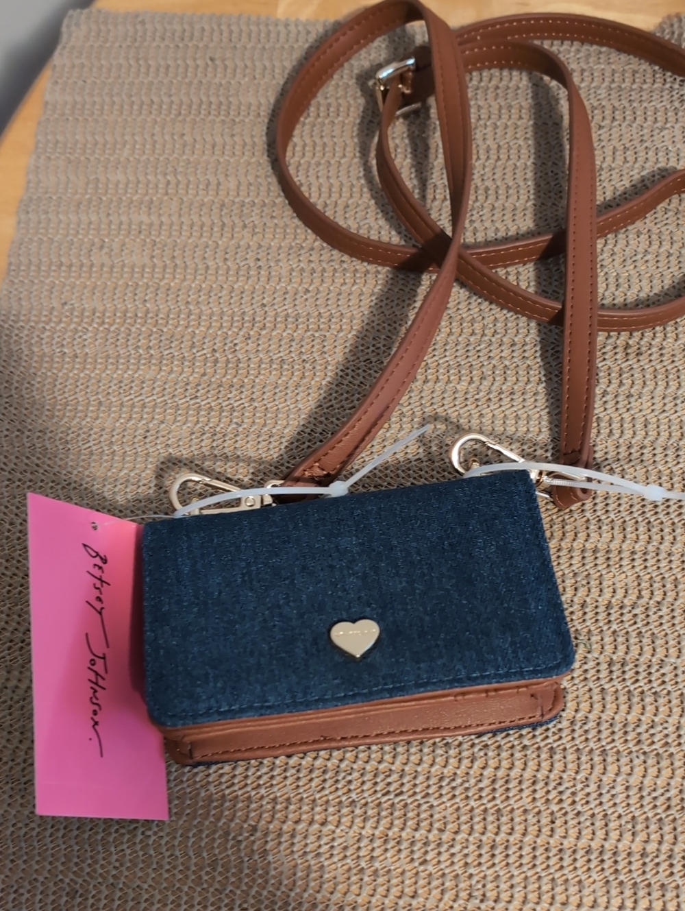 Betsey Johnson Blue Denim & Brown Crossbody Bag Mini New